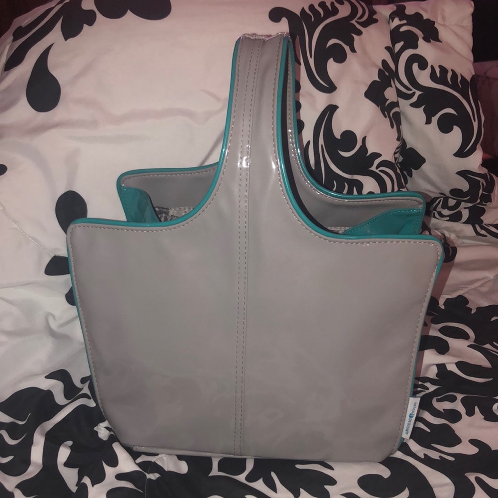 Carry all tote bag caddy gray & teal vegan leather